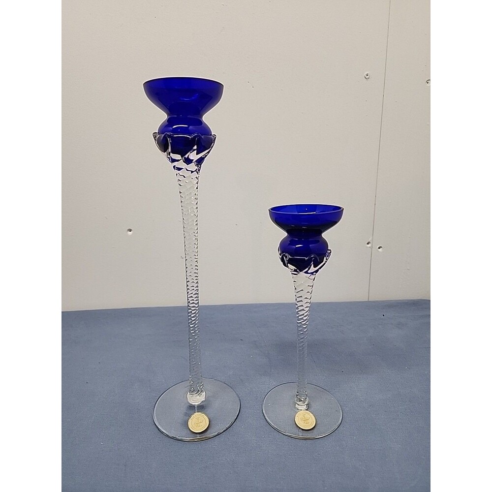 Set Of 2 Vintage Romainian Handblown Cobalt Glass Candle Holders 12" And 8"